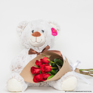 RAMO 6 rosas rojas con oso de peluche flores gdl RAPPI