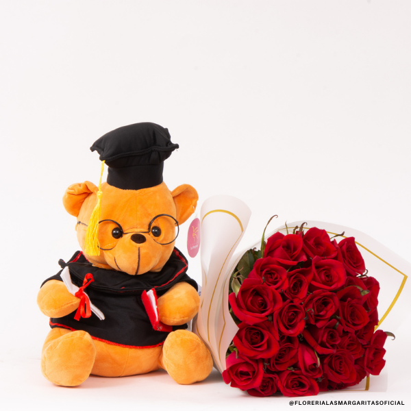 Oso graduado con ramo 24 rosas rojas – Floreria las Margaritas