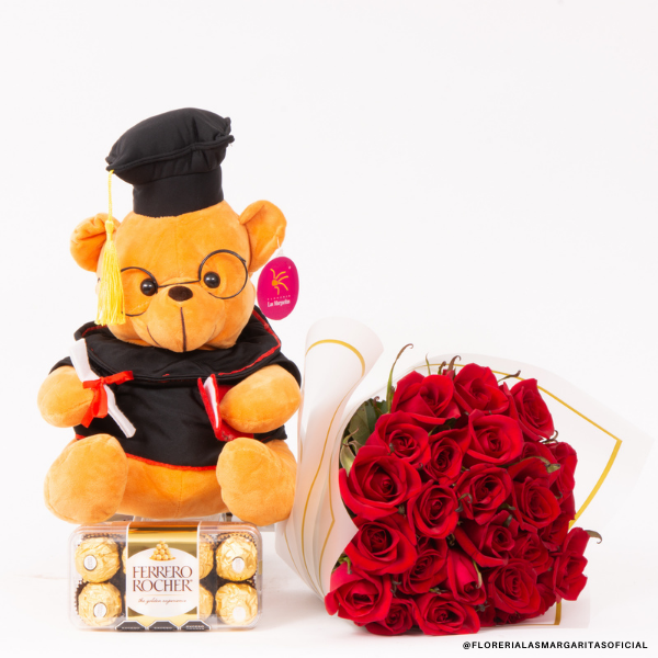 Oso graduado con ramo 24 rosas y chocolates – Floreria las Margaritas